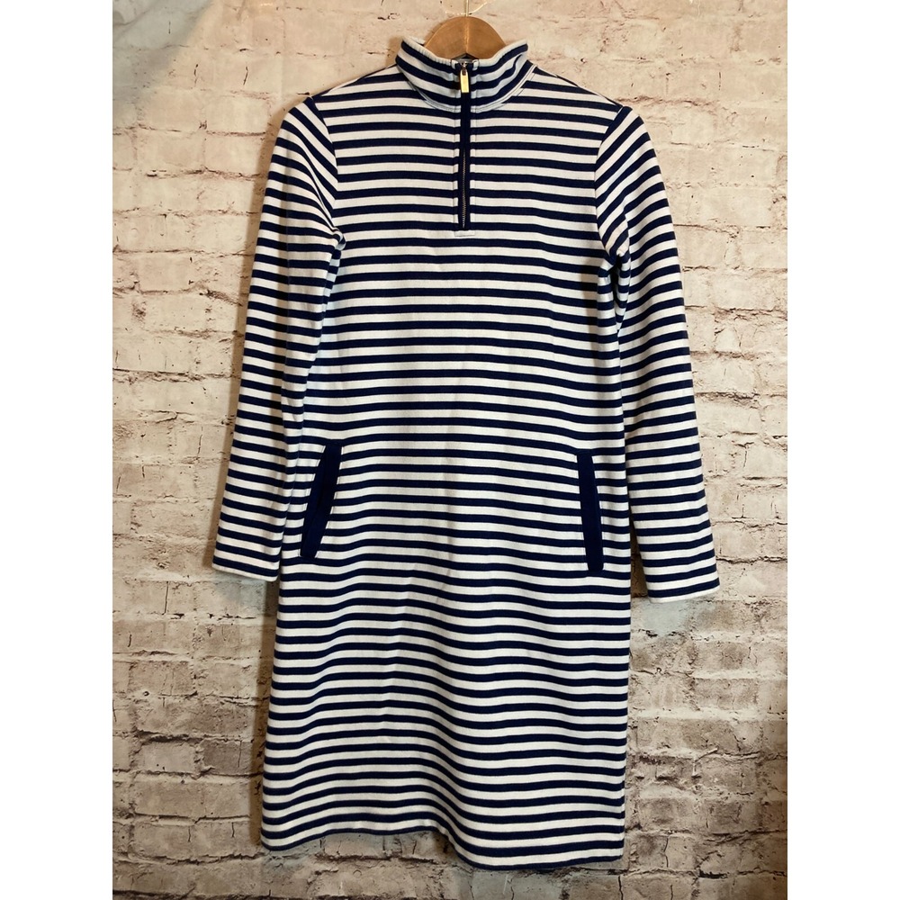 Land's End Serious Sweats Dress Womens XS Navy Striped Nautical Midi Stretch